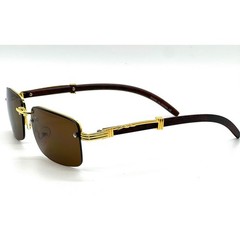 Mens Rimless Rectangular Sunglasses Gold Wood Grain Frame Brown Lens UV400