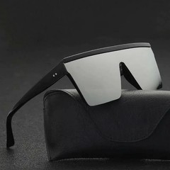Modern Shield Sunglasses, Large Flat Top Black Frame Silver Mirror Single Lens