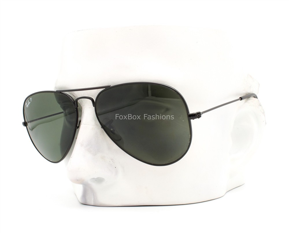 Ray-Ban Aviator Sunglasses RB3025 002/58 Shiny Black Polarized Green 58mm w/case