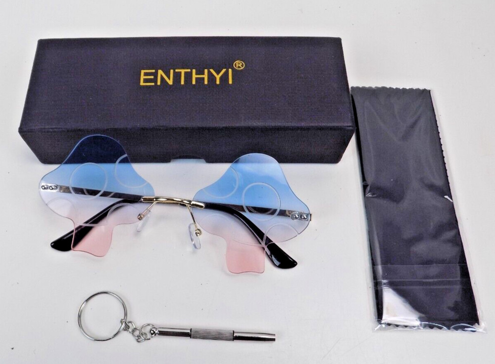 ENTHYI Mushroom Shape Sunglasses for Women Irregular Rimless Pink/Blue