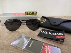 Ray-Ban RB3791 Rimless Aviator Sunglasses, Matte Black Frame, Solid Dark Black
