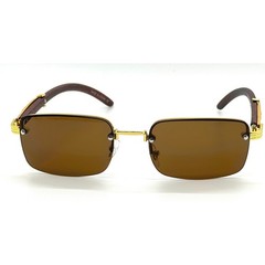 Mens Rimless Rectangular Sunglasses Gold Wood Grain Frame Brown Lens UV400