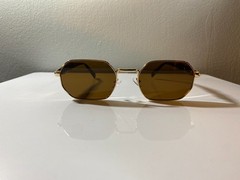 Gold framed, unisex sunglasses with brown polygonal lenses & tortoise shell arms