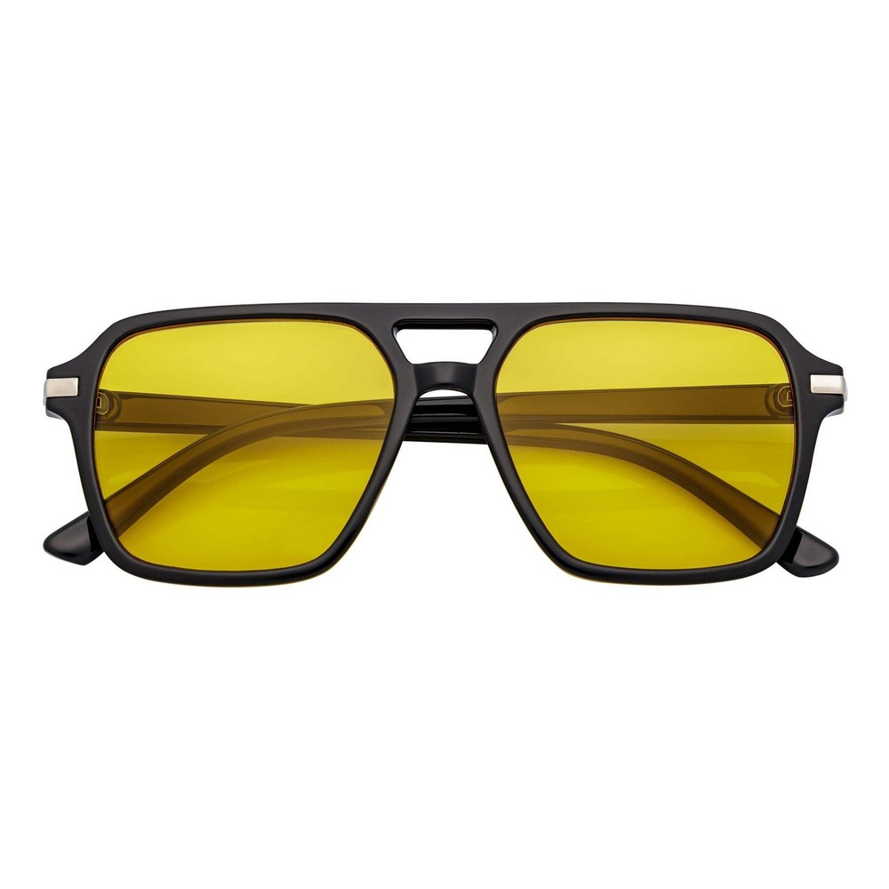 LUCCA – Classic Flat Top Square Aviator Black Sunglasses Yellow Lens