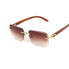 Burgundy Gradient Tint Rimless Gold Frame Woodgrain Men’s Diamond Cut Sunglasses