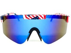 Oversized RETRO WRAP SUN GLASSES Big Patriotic American USA Flag Frame Blue Lens