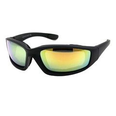 Foam Padded Goggle Sunglasses Wrap Around Biker Matte Black Mirror Lens UV400
