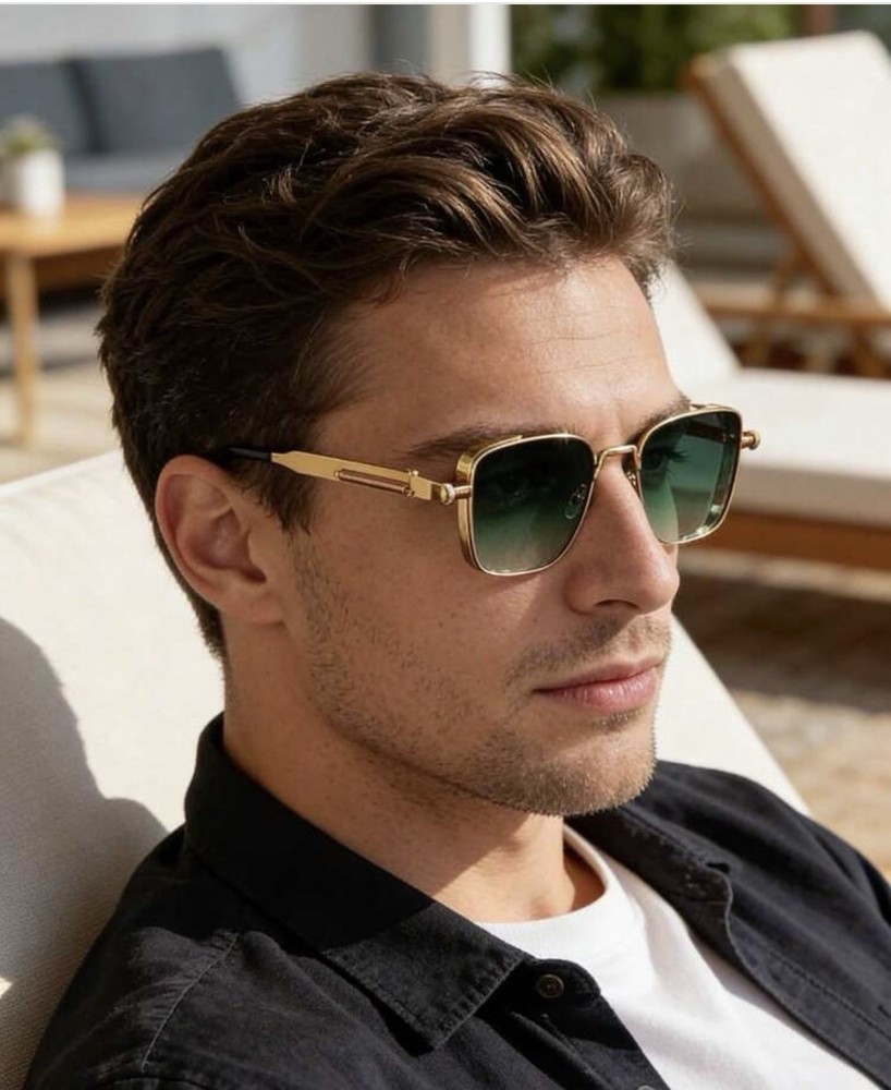 Men’s Square Sunglasses Gold Metal Frame Green Gradient Plastic Lenses