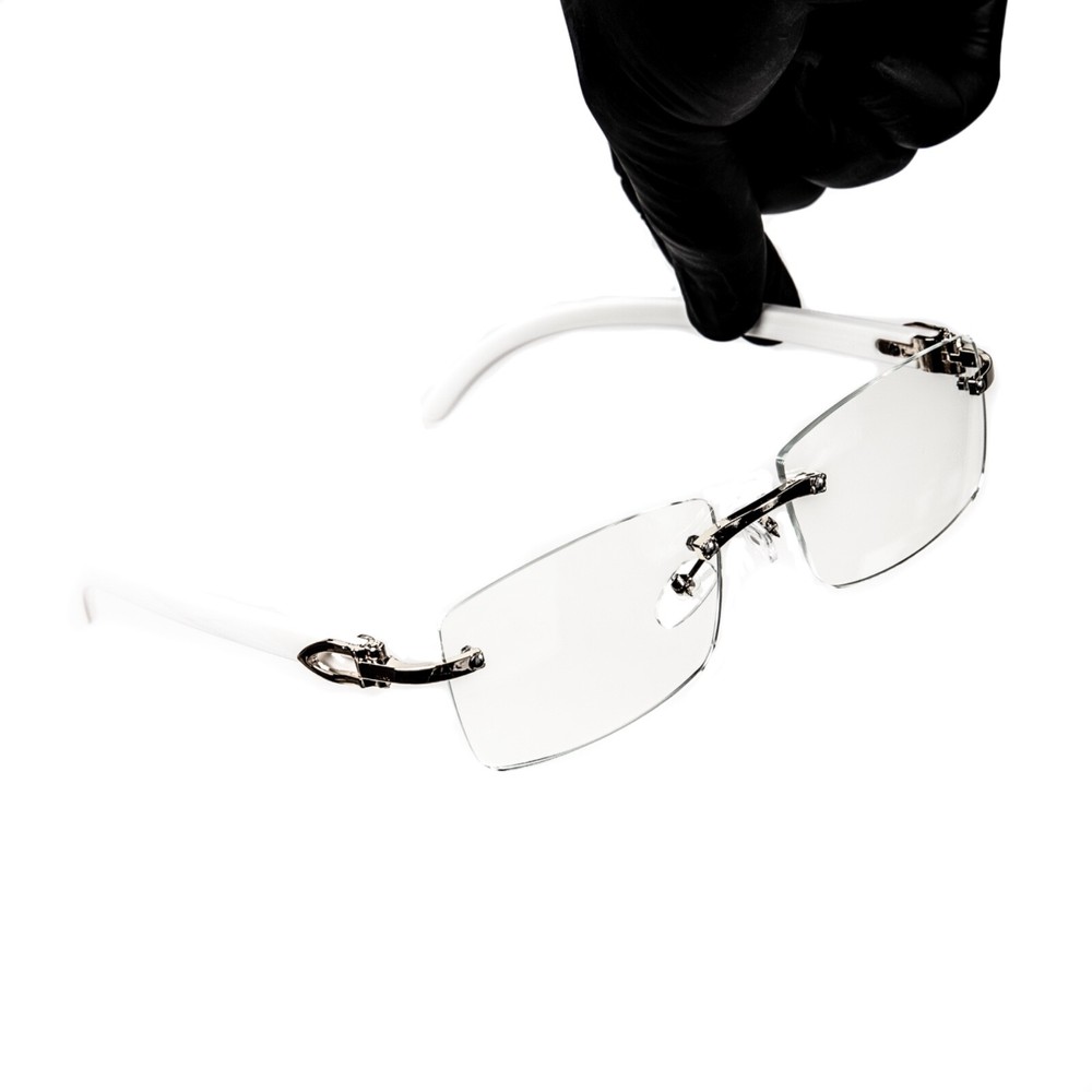 White Wood Grain Clear Lens Mens Silver Frame Rectangular Luxury Square Glasses