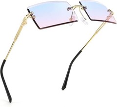 Men Vintage Rimless Small Rectangular Gold Frame Dark Blue Lens Tint Sunglasses