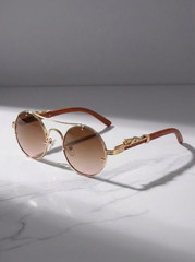 Vintage Round Steampunk Sunglasses Men Women Wood Grain Luxury Brand Fashion UV
