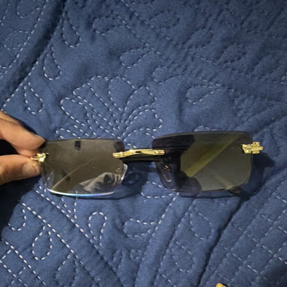 Men’s Rimless Sunglasses Black Metal/Plastic Frame Gray Tinted Plastic Lenses
