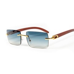 Rectangle Turquoise Gradient Tint Rimless Gold Frame Retro Woodgrain Sunglasses