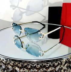 Luxury Rimless Round Cut Sunglasses Green Lens Gold Frame with High-Quality