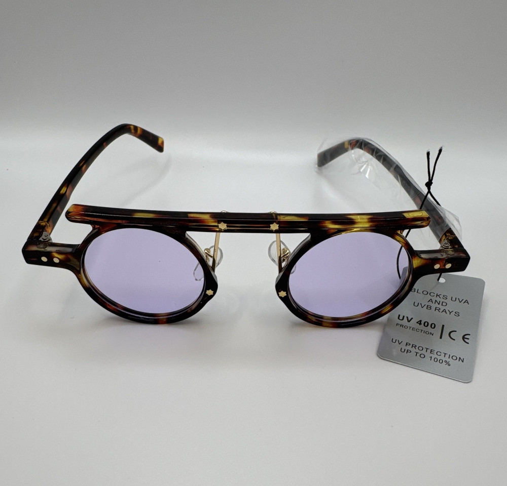 Men’s Round Tortoiseshell Brown Plastic Sunglasses Purple Plastic Lenses UV400