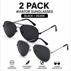 2 Pack Men’s Aviator Sunglasses Black & Silver UV400 Metal Frame Classic