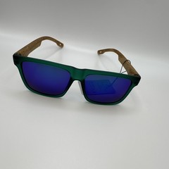 Men’s Square Sunglasses Green Plastic Frame Wood Temples Blue Mirrored UV400