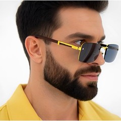 Mens Rimless Rectangle Sunglasses Gold Wood Grain Frame Grey Lens Luxury Style