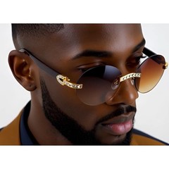 Rimless Sunglasses Oval Lens Wood Grain Frame Rhinestone Accents Men Women Gafas