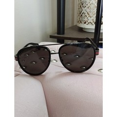 Gucci GG0447S 001 Black Aviator Sunglasses with Green and Red Temple Stripes