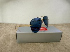 Ray-Ban RB3791 Rimless Aviator Sunglasses, Gold Frame, Solid Blue Lens