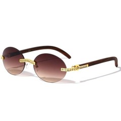 Rimless Sunglasses Oval Lens Wood Grain Frame Rhinestone Accents Men Women Gafas