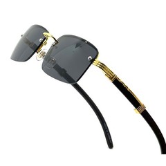 Mens Rimless Rectangle Sunglasses Gold Wood Grain Frame Grey Lens Luxury Style