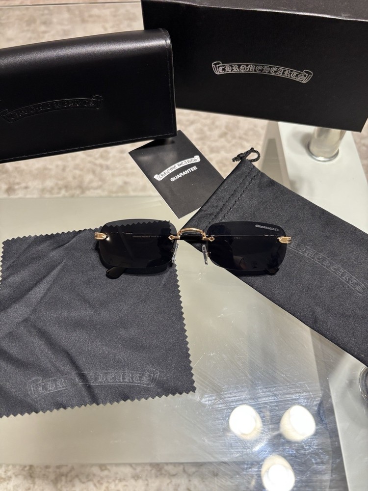 Chrome Hearts Rimless Sunglasses Gold Metal Frame Black Tinted Plastic Lenses