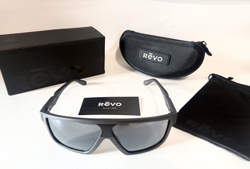 Revo Men’s Wrap Rectangle Sunglasses Black Plastic Frame Gray Polarized Lenses