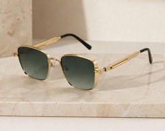 Men’s Lightweight Square Sunglasses Gold Metal Frame Green Tinted Lenses