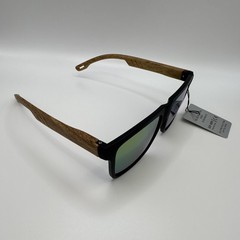 Men’s Square Sunglasses Black Plastic Frame Wood Temples Gold Mirrored UV400