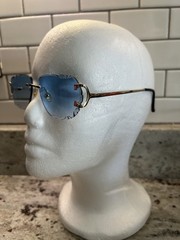 Rimless Gold Metal Sunglasses Blue Tinted Plastic Lenses Solid Pattern
