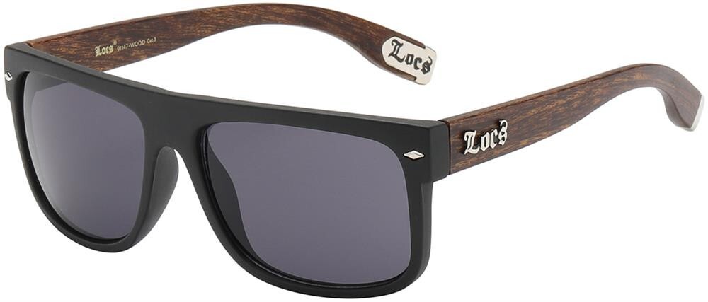Locs Sunglasses – Retro Flat Top Black Frame / Brown Wood Print Arms – Men’s