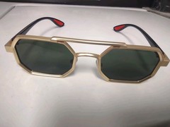 Men’s Geometric Gold Metal Frame Sunglasses w/ Green Tinted Plastic Lenses