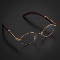 Men’s Vintage Hip Hop Clear Lens Oval Gold Frame Retro Wood Grain Glasses