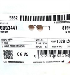 Ray-Ban Round Sunglasses Arista Gold RB 3447 001/51 Brown Glass Lens 50mm w/case