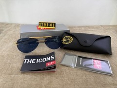 Ray-Ban RB3791 Rimless Aviator Sunglasses, Gold Frame, Solid Blue Lens