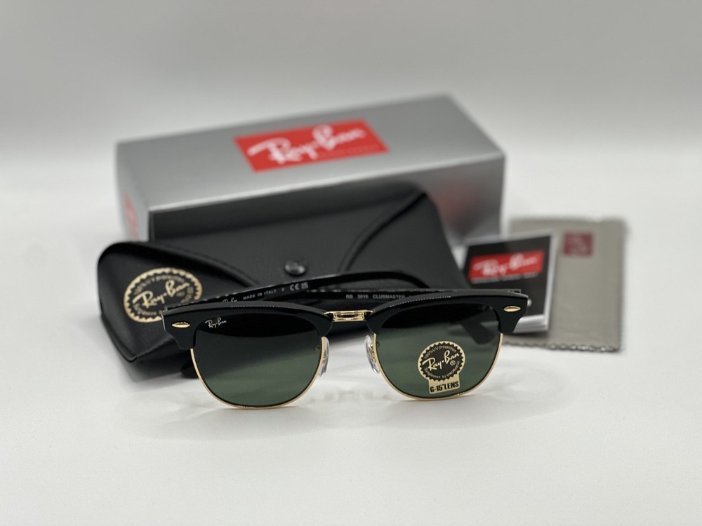 Ray-Ban RB3016 Clubmaster W0365 Black/Gold Frame Green G-15 Lens 51mm Sunglasses