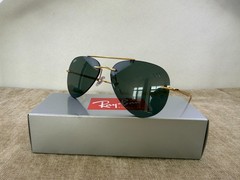 Ray-Ban RB3791 Gold Rimless Frame Solid Green Lens Pilot Sunglasses