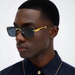 Mens Rimless Rectangle Sunglasses Gold Wood Grain Frame Grey Lens Luxury Style