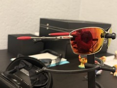 Oakley Whisker Sunglasses Silver Frame Ruby Lens Red Temple