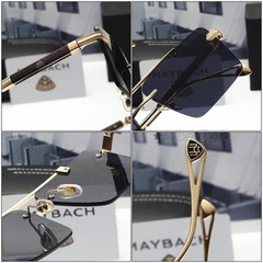 MAYBAC* Top Bar Rimless Sunglasses Light Blue Gradient Rectangular Wood +Case