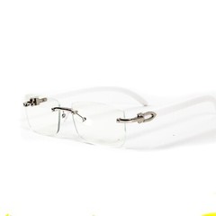 White Wood Grain Clear Lens Mens Silver Frame Rectangular Luxury Square Glasses