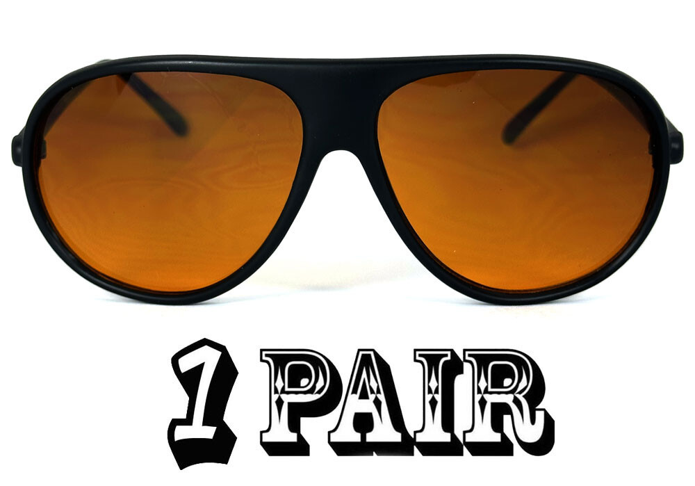 Retro Pilots Flat Top Mat Black Frame Blue Light Blocking Amber Lens Sunglasses