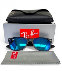 Ray-Ban New Wayfarer Sunglasses RB2132 622/17 Black Rubber Blue Flash 55mm Case