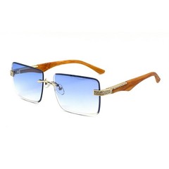 Rimless Sunglasses Wood Grain Frame Rhinestone Accents Blue Lens Men Hip Hop New