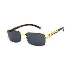 Mens Rimless Rectangle Sunglasses Gold Wood Grain Frame Grey Lens Luxury Style