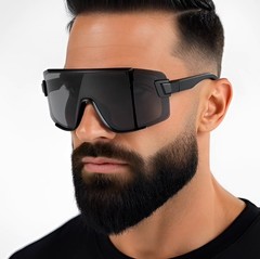 Oversized, one-piece shield sport sunglasses with a black frame Blue Lens Men
