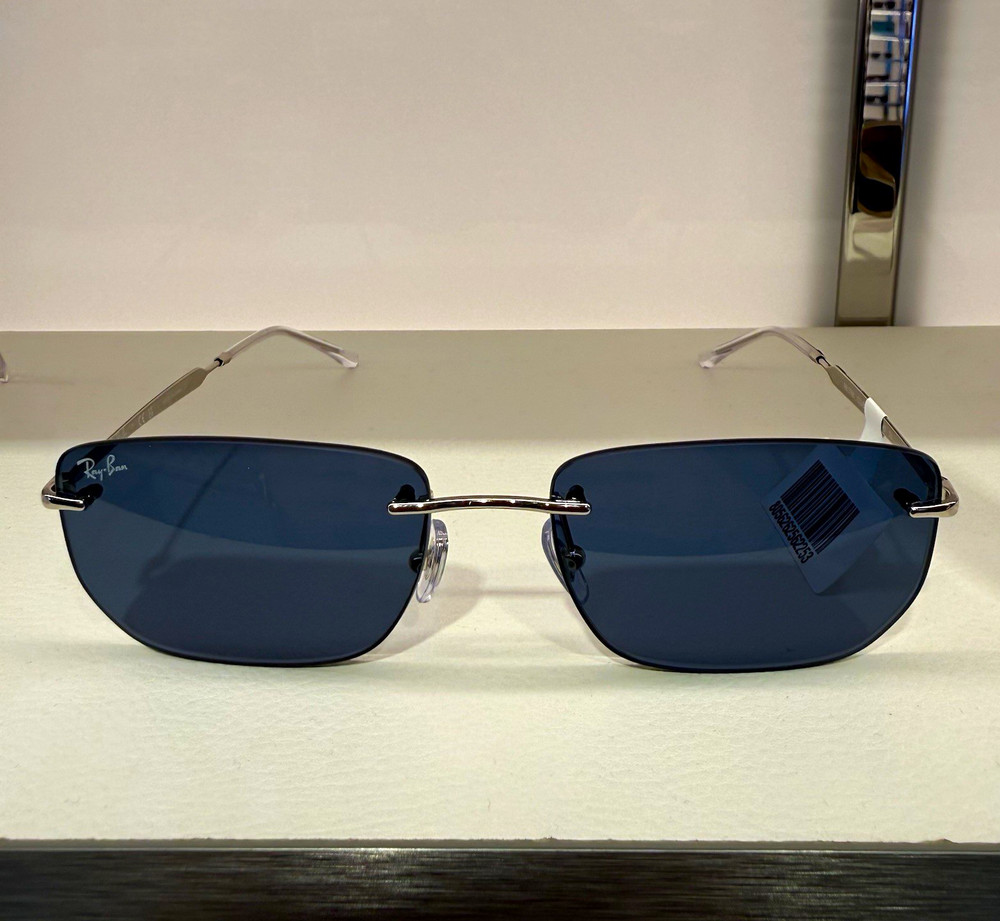 Ray-Ban RB3768 Rimless Rectangular Sunglasses Silver Metal Frame Blue Lens Men