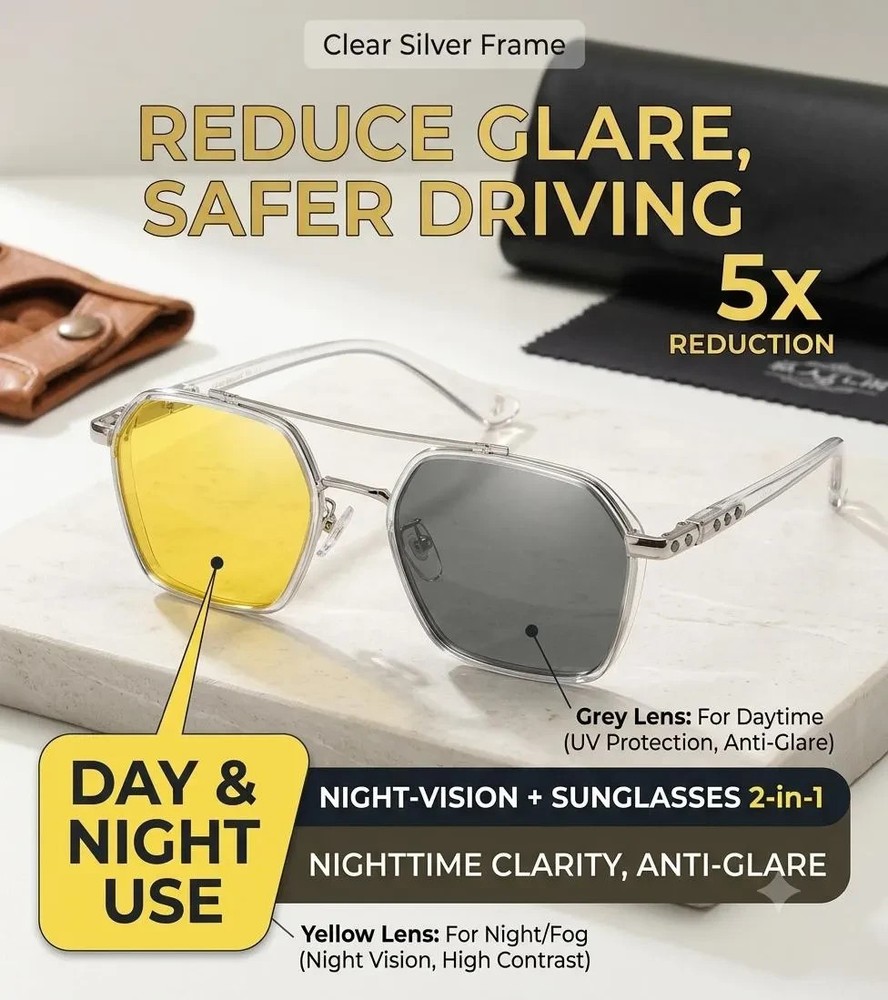 Day Night Driving Glasses Photochromic Anti Glare Yellow Lens Silver Frame